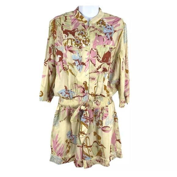 ✨POUPETTE ST BARTH SHORT SZ MEDIUM JUMPSUIT FELICIA BUTTONED YELLOW JUNGLE✨ - Picture 1 of 9